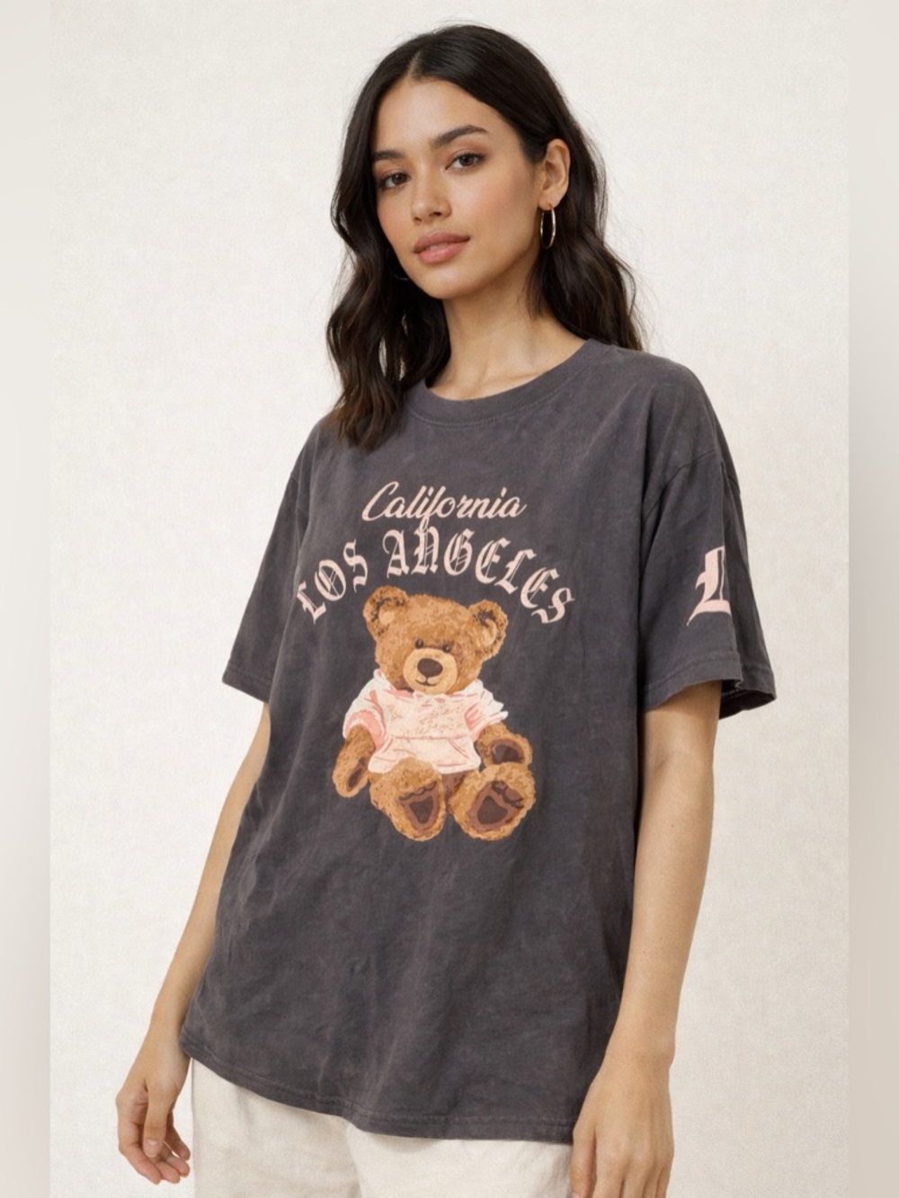 Los Angeles Teddy Graphic Tee - Charcoal with Pink